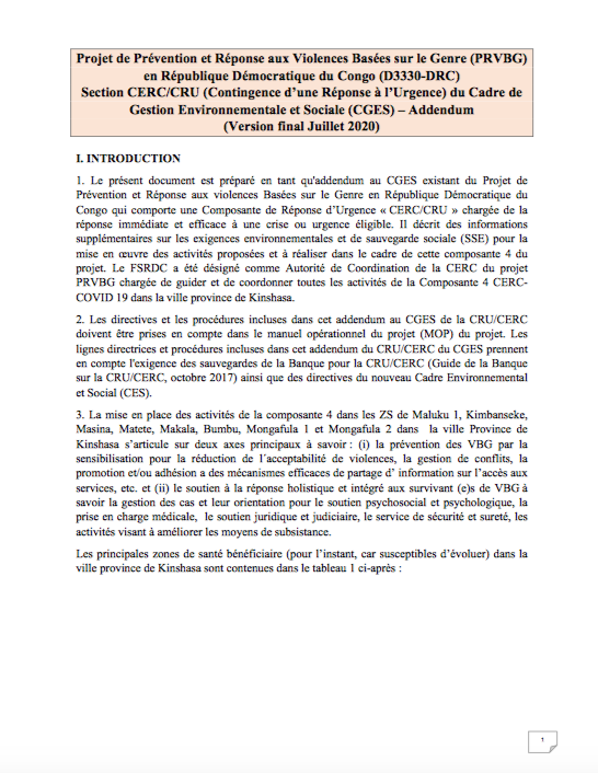 Section CERC/CRU (Contingence d’une Réponse à l’Urgence) du Cadre de  Gestion Environnementale et Sociale (CGES) – Addendum  (Version final Juillet 2020)